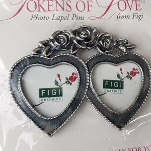 2/25$ NWT 1996  token of love double heart floral photo lapel pin pewter brooch